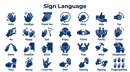 Collection of sign language gestures and symbols for communication and understanding, representing common phrases and emotions in a clear visual format. © Iconique Studio
