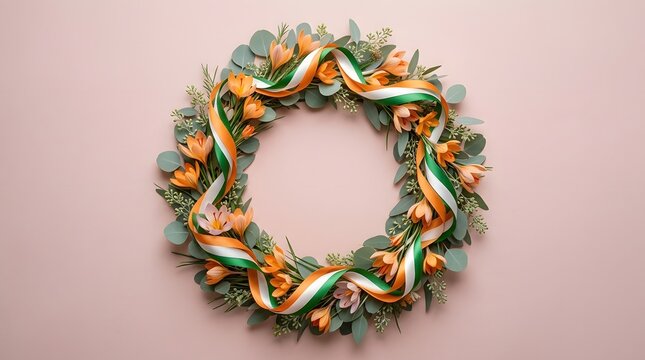 Irish day wreath with freesia and eucalyptus on peach background saint patrick's day decoration