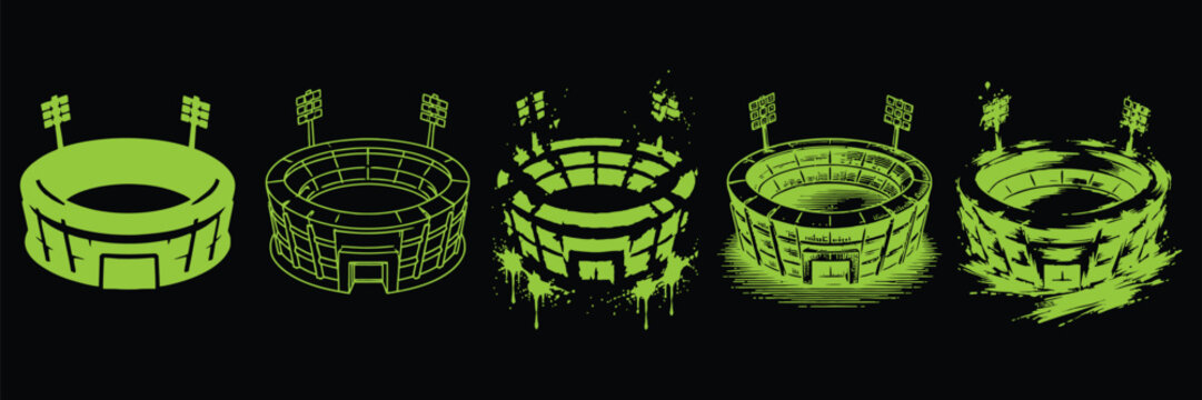 A set of green neon-lit drum silhouette illustrations in eps format against a black background
