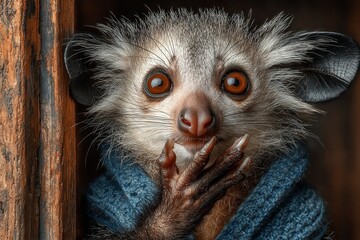 Fototapeta premium Curious Lemur Peeking from Behind a Wooden Beam