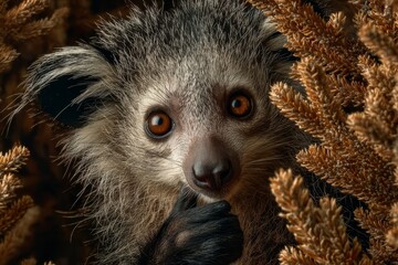 Fototapeta premium Close-up of a lemur's face in foliage, looking directly at the camera
