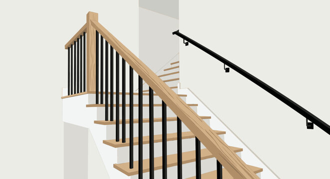 Modern wooden staircase with black metal balusters featuring a minimalist design with light wood treads and a sleek handrail for a contemporary home interior architectural concept