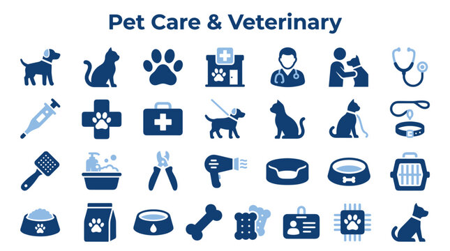Pet Care Veterinary Icons Set Medical Health Animal Dog Cat Treatment Clinic Stethoscope Syringe Paw
