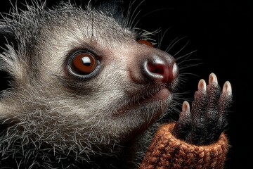 Fototapeta premium Close-up of lemur face with hand, particle effect