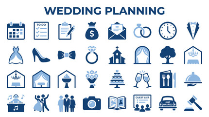 Fototapeta premium Wedding Planning Icons Set: Marriage Celebration Elements Calendar To Do List Rings Cake Church Venue Bride Dress and Groom Suit