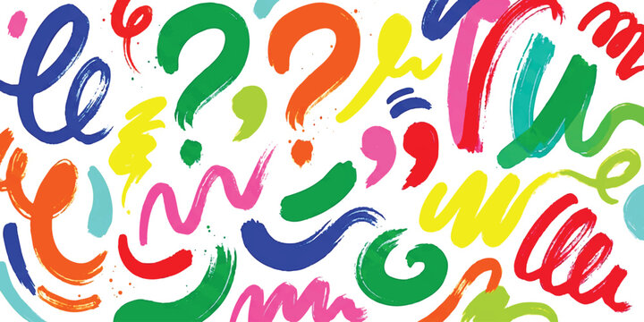 Colorful question marks and abstract paint brush strokes in bright vibrant colors
