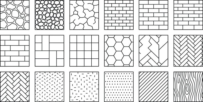 Architectural material hatch pattern vector library. CAD texture swatches for brick, stone, concrete, wood flooring and surface finishes in floor plans and elevations
