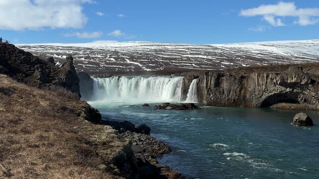 Godafoss, "God's Waterfall," is one of Iceland's most famous and beautiful waterfalls. It is located in the north of the island, east of Akureyri, on the Skj&aacute;lfandaflj&oacute;t River.