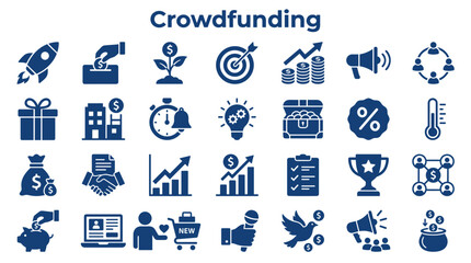Fototapeta premium Crowdfunding concept icons set for fundraising and investment goals, business growth, startup launch and community support