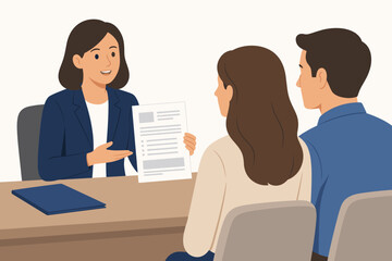 Obraz premium Professional female consultant showing a contract document to a young couple during a business meeting in an office setting for financial planning or insurance services