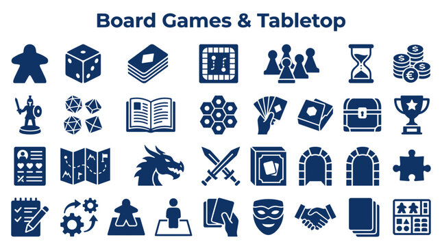 Collection of board game and tabletop icons representing various gaming elements like dice pawns cards treasure chests and more