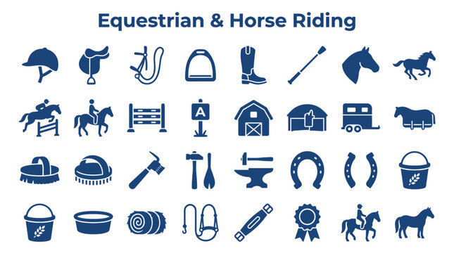 Equestrian Horse Riding Icons Set Silhouette Style Blue Collection Of Symbols Related To Horseback Riding And Stable Life