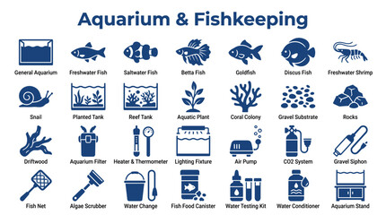Aquarium and Fishkeeping Icons Set: Diverse Aquatic Life and Equipment Illustrations for Hobbyists and Professionals © Iconique Studio