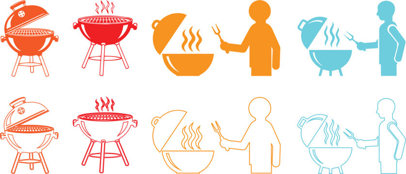 Barbecue chef cooking on grill vector icon set with outline and silhouette designs for BBQ party