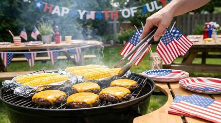 Fototapeta premium Hand holding American flags at Fourth of July food fair