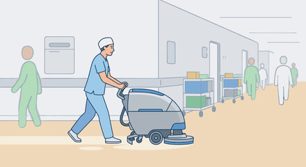 Fototapeta premium Male hospital cleaner using floor scrubbing machine in a busy medical clinic corridor to maintain hygiene and sanitation standards for patients and staff