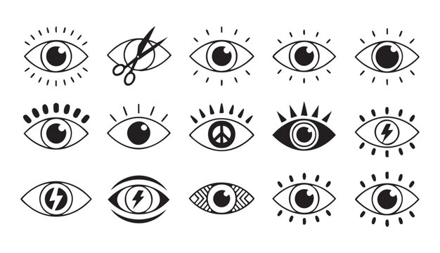 Set of eye icons, vision symbols, observation and perception outlines, optical health design elements.