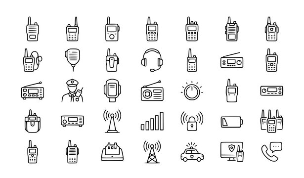 Security Walkie Talkie Line Icon Set Communication Device Guard Security Radio Outline Editable Stroke Vector Illustration Collection Isolated on White Background