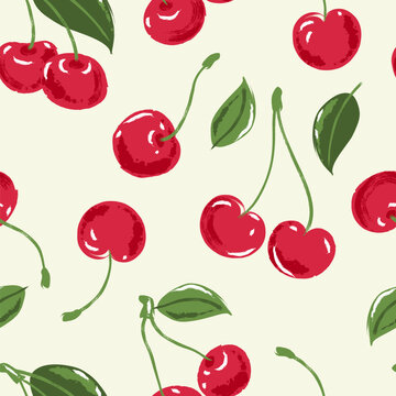 Vector watercolor cherry seamless pattern. Hand drawn berries background. Wrapping paper, fashion textile print design