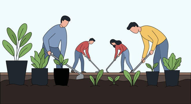 People gardening and planting in a field using hoes to till soil near potted plants and seedlings in a flat vector illustration representing teamwork and agricultural labor