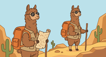 Fototapeta premium Two cartoon llamas wearing hiking gear and sunglasses exploring a desert landscape with a map and walking stick in a fun and colorful vector illustration style