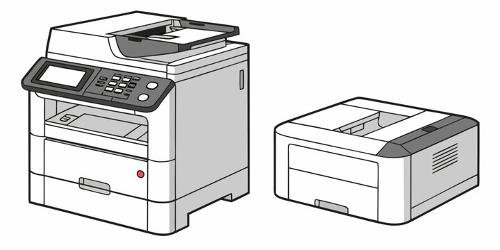 Office multifunction printer and small printer duo illustration with office equipment white background utility machine document technology electronic business illustration isolated workplace
