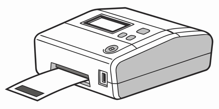 Compact label printer with output slot and screen small printer desktop printer label maker printing device office equipment white background serial number technology electronic labeling
