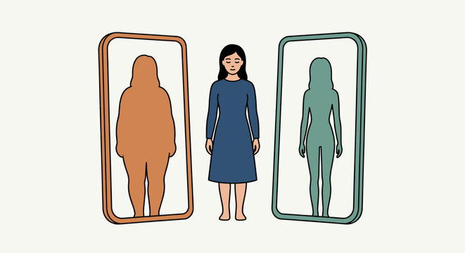 A woman standing between two mirrors showing different body shapes representing body dysmorphia, self-perception, and mental health struggles with weight and appearance