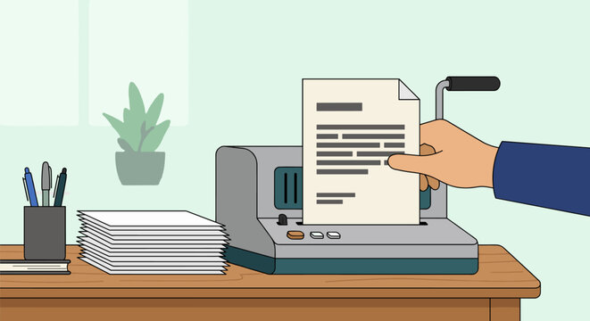 Comb binding machine with hand inserting paper on a wooden desk in an office setting with stationery and a potted plant for document organization and presentation