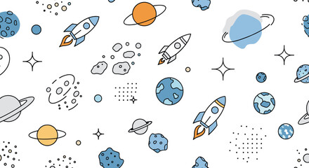 Seamless pattern design with space theme elements including rockets planets stars asteroids and moons on a clean white background. © Rahana
