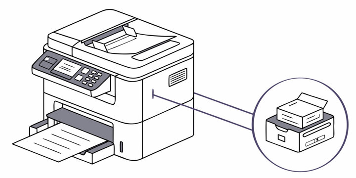 Isometric view of a modern all-in-one office printer with paper output and a scanner lid open, highlighting a separate stack of paper or toner cartridges in a circular inset, office equipment