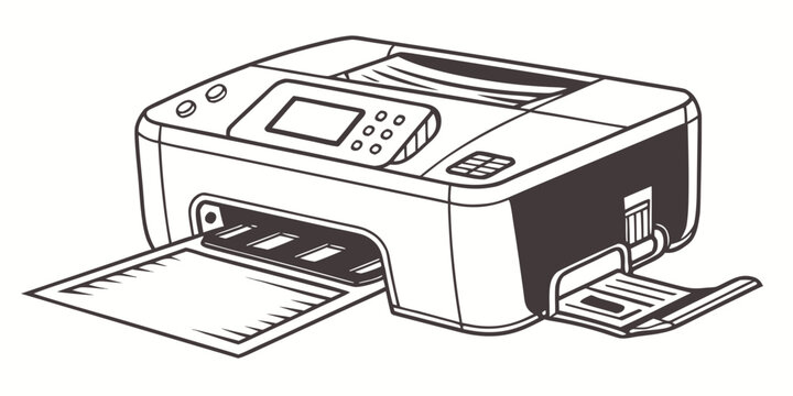 Three-dimensional illustration of a complex office printer with multiple paper trays and outputs office equipment all in one computer peripheral home office output tray fax machine laser printe