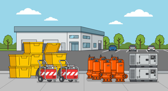 Industrial equipment rental yard with portable generators, orange submersible pumps, yellow storage crates, and power units situated outside a warehouse facility with a parking lot
