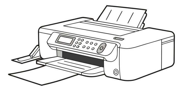 Illustration of a modern all-in-one printer with paper output tray and input feeder office equipment home office supplies fax machine laser printer inkjet printer computer peripheral