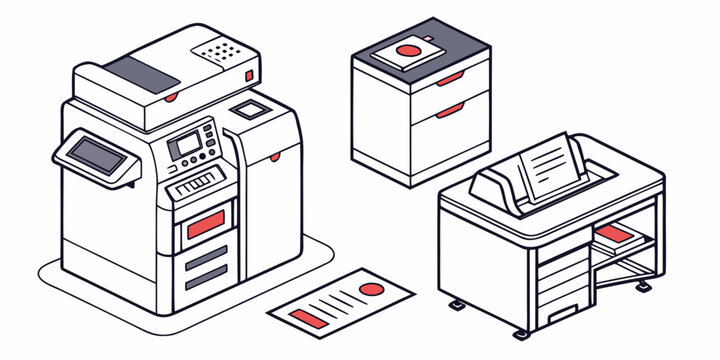 Isometric illustration of an office environment with a large copier filing cabinet desk with printer office supplies line art black and white office equipment paper handling office furnitu