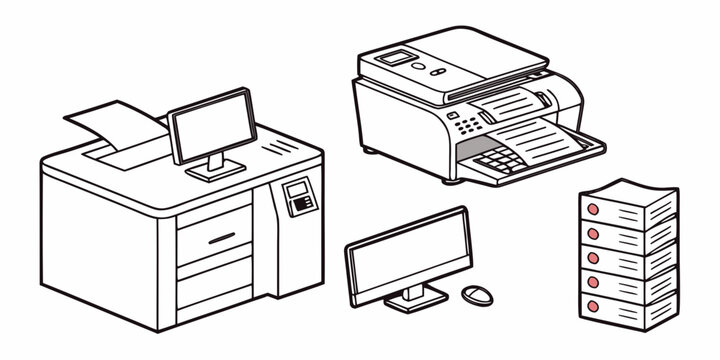 Office workstation with computer printer copier office supplies technology setup office environment data processing information technology no people white background electronic device