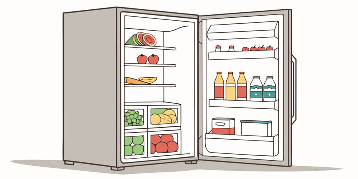 Open refrigerator with various food items and drinks stored inside packaged food no people white background cold storage refrigerator appliance groceries organized nutrition tomatoes