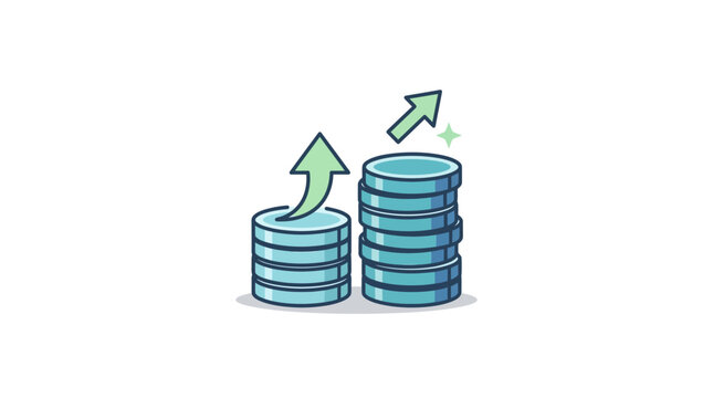 Growing stack of coins with upward arrows and sparkles, representing financial growth and investment success.