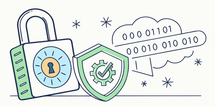 Secure cloud computing and data protection concept featuring a combination padlock a shield with a gear checkmark icon and binary code for verified system information security, checkmark