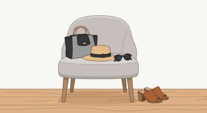 Armchair with handbag straw hat and sunglasses featuring stylish brown mules on the floor in a minimalist flat illustration style for summer fashion and travel concepts