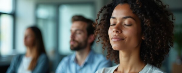 Obraz premium People practice meditation at work. Employees find inner peace and calm during group mindfulness session. Office wellness improves focus and reduces stress.