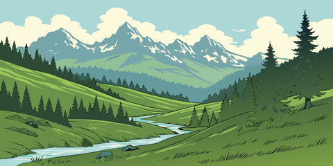 Serene nature landscape illustration showing a winding blue river flowing through a lush green valley surrounded by coniferous forests and towering snow peaked mountains under a cloudy sky © AD