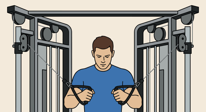 Man using a cable crossover machine for chest fly exercises in a gym setting to build muscle strength and improve physical fitness through resistance training