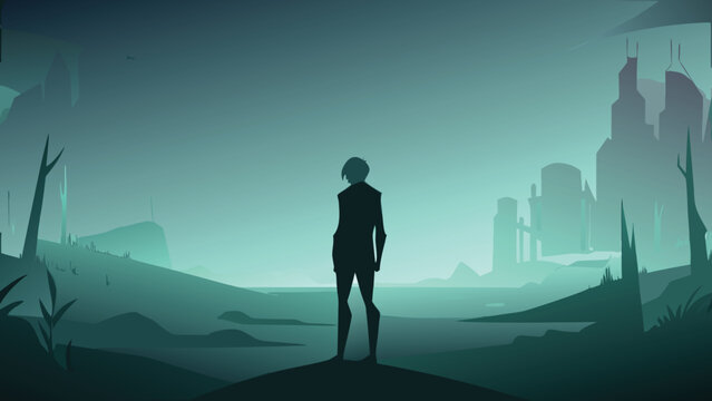 Lone figure standing on hill observing alien cityscape during twilight in cool teal tones with atmospheric fog