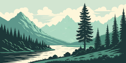 Atmospheric mountain valley landscape with a winding river and silhouette pine trees in a monochrome green and gray graphic style mountain landscape silhouette wilderness illustration monochrome © AD