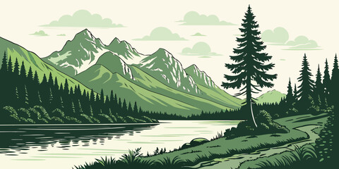 Scenic mountain river landscape illustration with a hiking path and tall pine trees set against jagged green peaks and soft clouds mountain landscape wilderness illustration evergreen background © AD