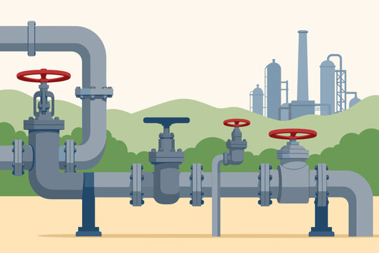 Industrial pipeline system with valves and pipes in front of a refinery factory landscape with hills and green trees in a flat vector illustration style