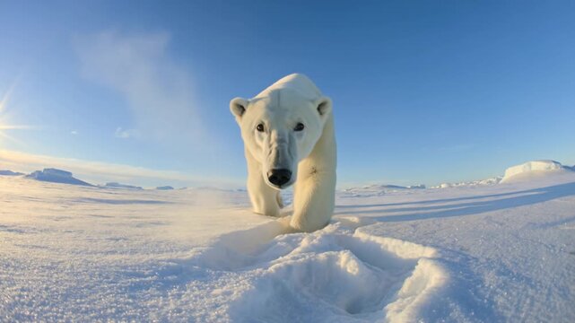 Cinematic slow-motion wildlife footage of a massive polar bear walking across a vast, pristine Arctic snow desert toward the camera