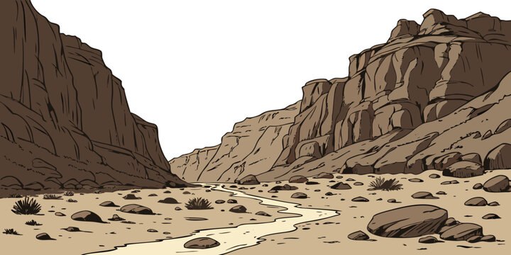 Rocky gorge landscape illustration with high cliffs and scattered boulders desert valley with a winding path and sparse vegetation in a line art style mountain landscape illustration wilderness