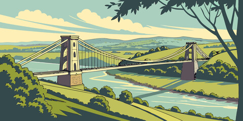 Fototapeta premium Clifton suspension bridge style illustration showing a large bridge over a river valley with green hills and lush trees in a retro art style suspension landscape engineering architecture landmark
